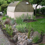 rain garden, lawn and shed