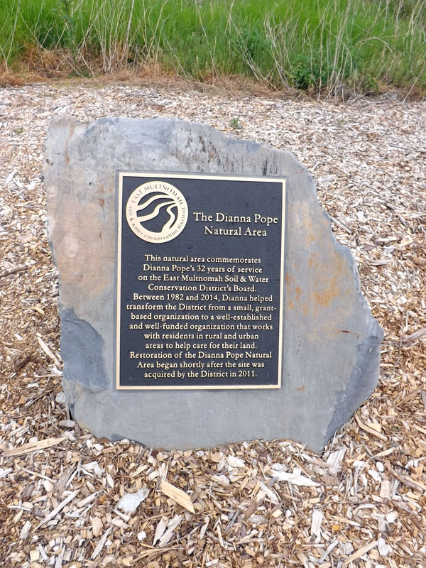close-up of the plaque in the Dianna Pope Natural Area
