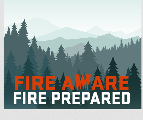 "Fire Aware. Fire Prepared."라고 말하며 숲과 언덕을 실루엣으로 보여주는 그래픽.