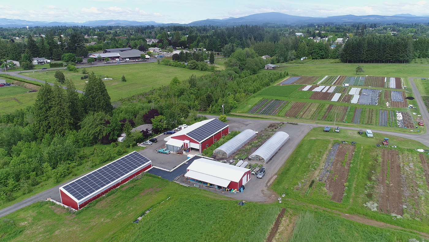 aerial view of Headwaters Farm property, showing barn and shed structures with solar panel rooftops, farmland in the foreground and beyond the structures to the upper right, a stretch of natural forested land surrounding the north fork of Johnson Creek that passes through the property.  Residential areas, trees and distant hills are visible in the view beyond